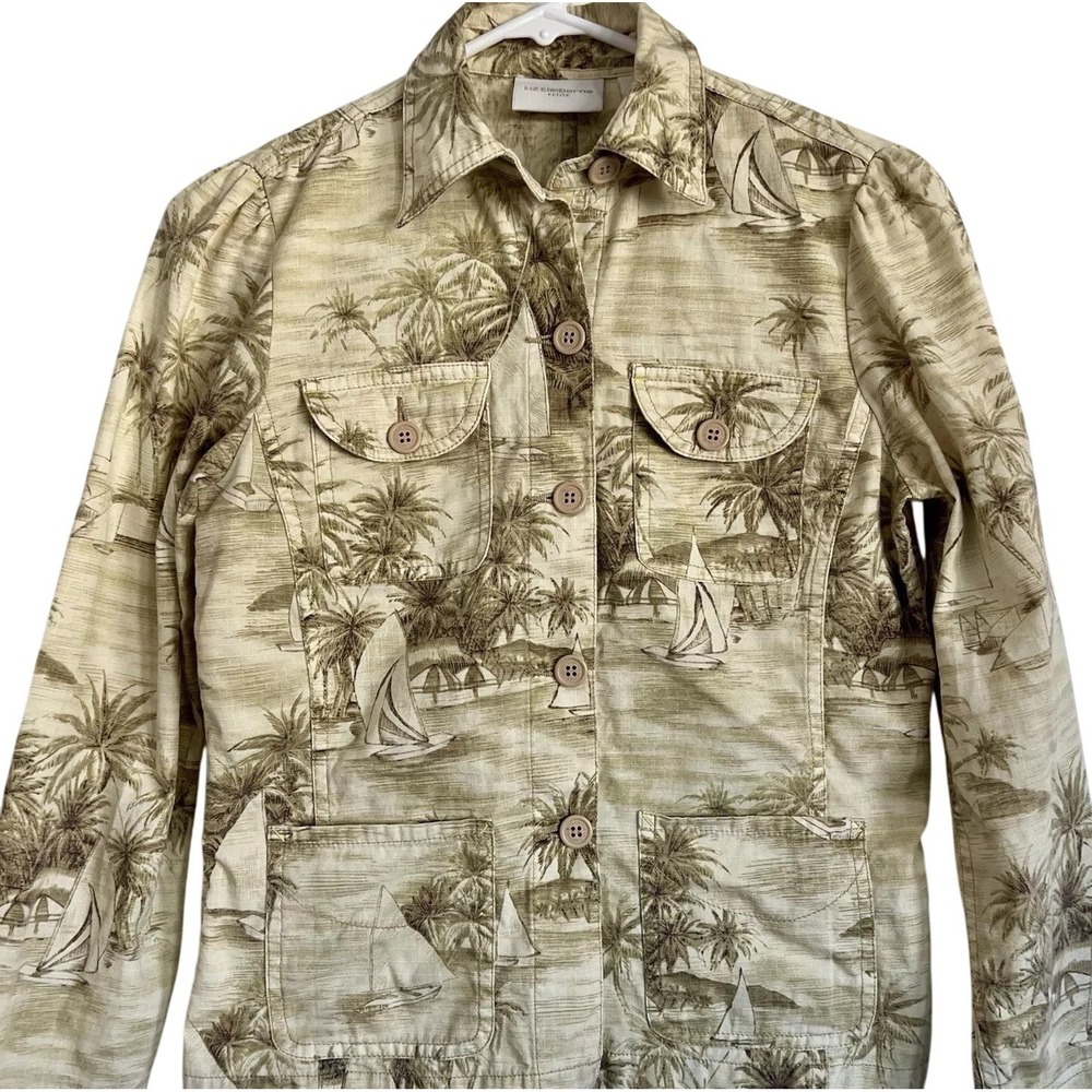 Liz Claiborne Petite Cotton Tropical Toile Palm Tree Sailboat Utility Jacket P